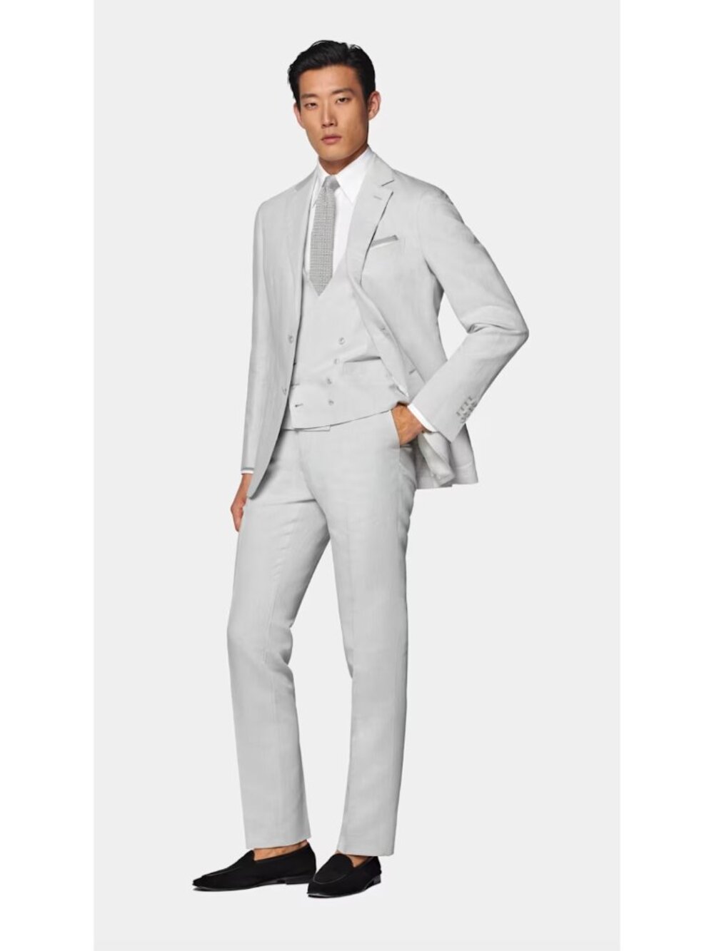 Suit Supply Grey Linen Havana Patch Brentwood 3pc Suit Blazer Vest Pants 36R/40R
